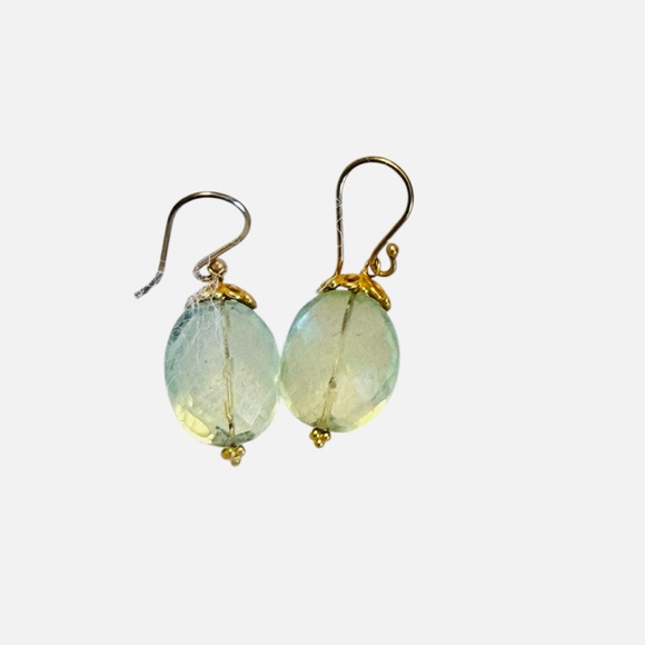 Beautiful Faceted Green Amethyst Earrings w/Gold Setting and Wires. NIB